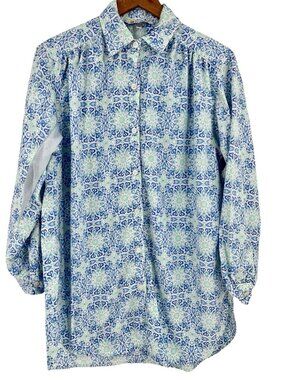 SOLUMBRA Women's White Blue Aqua Abstract Print Vented Button Down Outdoor Shirt